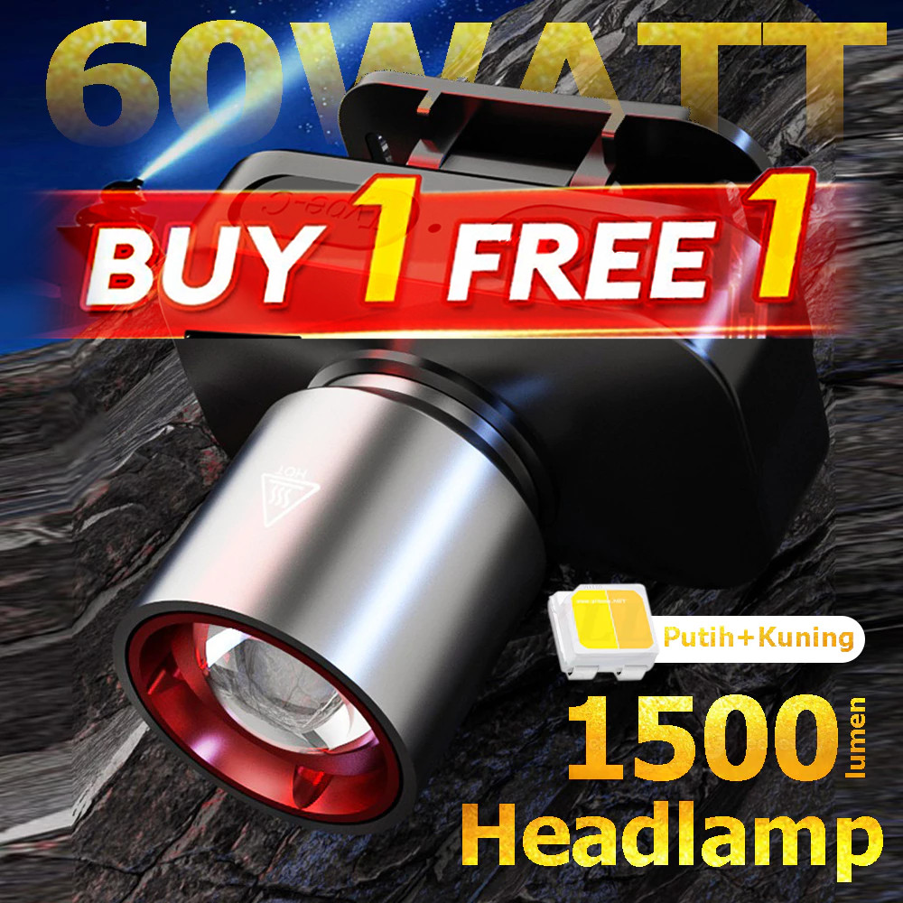 Lampu Kepala Zoom Senter LED SUPER TERANG / Head Lamp Led 60 Watt Super Terang Senter Kepala Recharg