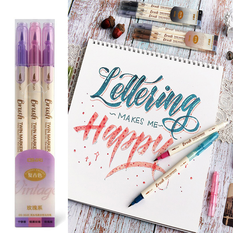 

3pcs Retro color Calligraphy Brush Pen Set DIY Scrapbooking Crafts Soft Tip Dual side Fine Liner Art Lettering Drawing Markers
