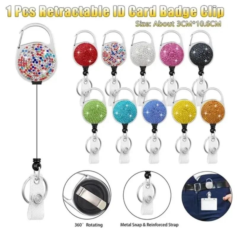 

1 Pc Mini Retractable ID Card Badge Clip Fashion Rhinestone Students Name Card Anti-lost Key Ring Holder