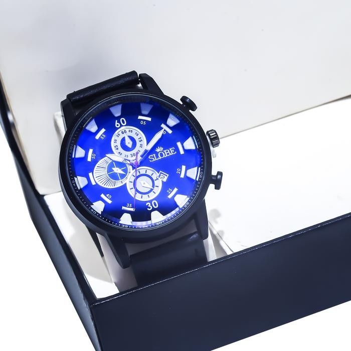 SLOBE Jam Tangan Pria Kulit Analog Free Box Kode 2.3 - Full Hitam