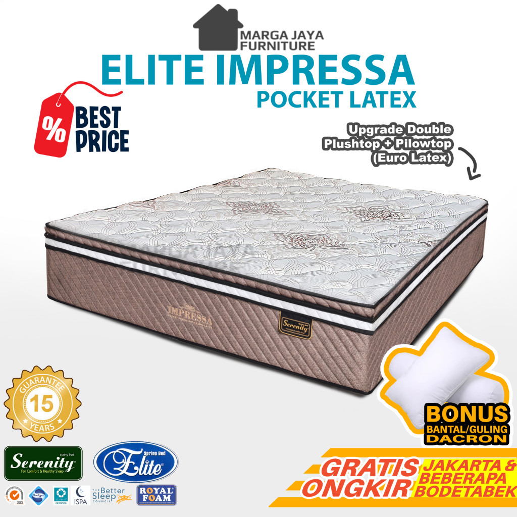 Spring Bed Kasur Elite Serenity Impressa Pocket Latex Pillow Top Garansi Per 15 Tahun 120x200 160x20