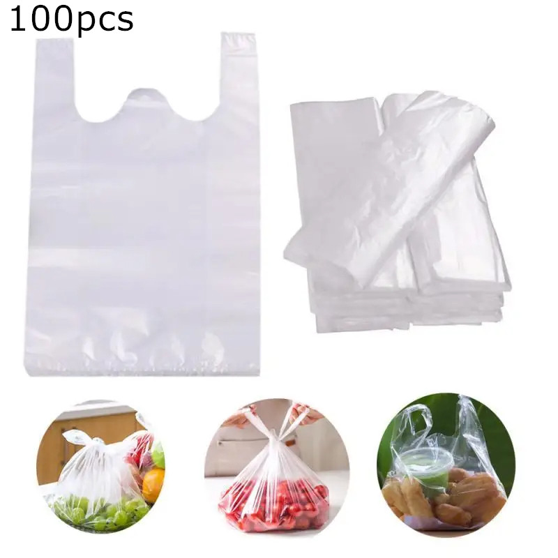 

Plastic Shopping Bag 100Pcs Transparent Supermarket Bags With Handle Food Packaging