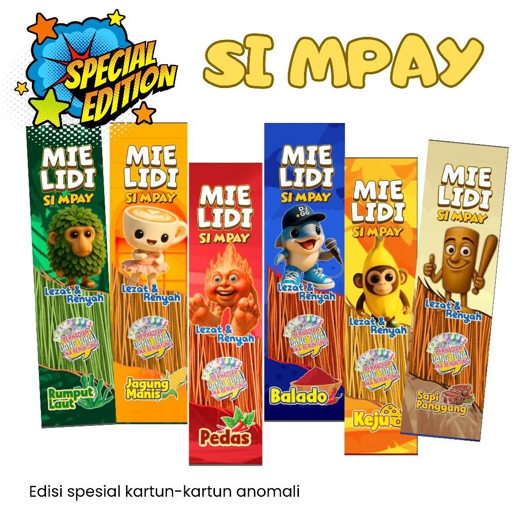 

(MIE LIDI ANOMALI 50 PCS) TUNGTUNG SAHUR - SIMPAY - EDISI SPESIAL KARAKTER ANOMALI TUNGTUNG SAHUR - CEMILAN JAJANAN ECERAN 1000