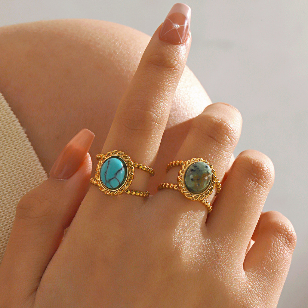 Fashion populer stainless steel cincin batu alam pirus bertatahkan cincin penyesuaian pembukaan gaya