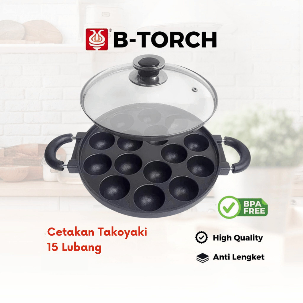 B-TORCH Cetakan Takoyaki - Telur Puyuh - 15 Lubang - Teflon + Tutup Kaca