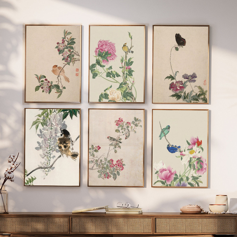 

Retro Chinese Aesthetic Style Flowers And Birds Art Poster Ink Painting Traditional Chinese Painting Canvas Home Wall Decor