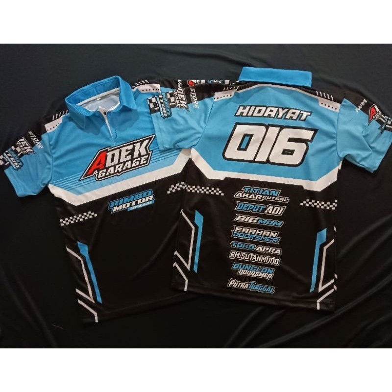 JERSEY RACING CUSTOM NAMA NOMOR SPONSOR JERSEY ADEK GARAGE FULL PRINTING WARNA BIRU MUDA TOSKA DESAI
