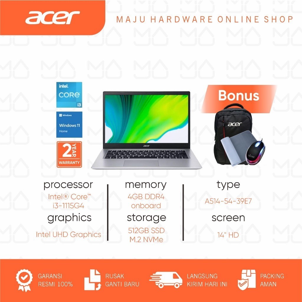 Laptop Acer A514-54-39E7/i3-1115G4/4GB/512GB Black - Garansi Resmi