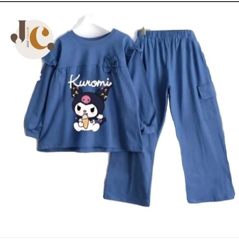 QN91OP Jc Kidswear Setelan Cargo Kuromi Crinkel Airflow usia 4-13 Tahun | Setelan anak remaja babydo