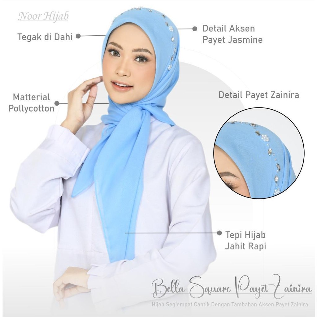 Jilbab Segiempat payet motif zainira// Bella Square motif zainira JAHIT TEPI Polycotton premium