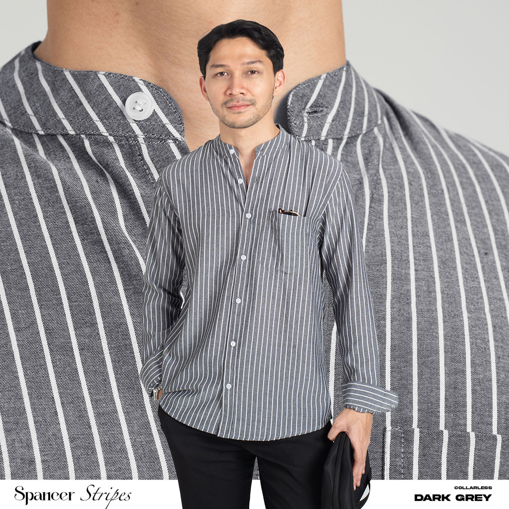 Kemeja Koko Garis Pria WOODCUTTER Collarless Spancer Stripes Kerah Shanghai - Dark Grey Panjang
