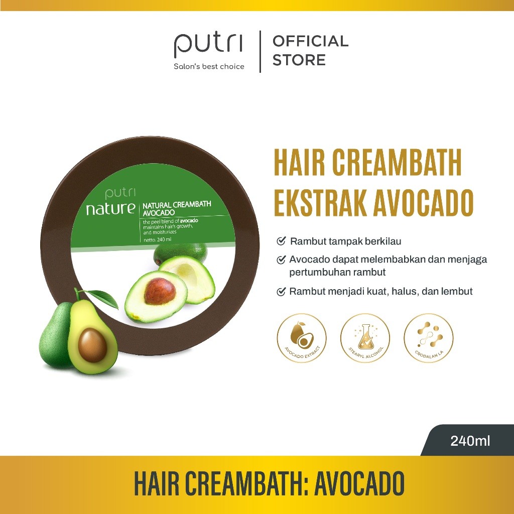 Putri Natural Creambath Avocado 240ml – Rambut Kuat, Halus & Lembut | Creambath Wangi Tahan Lama | P