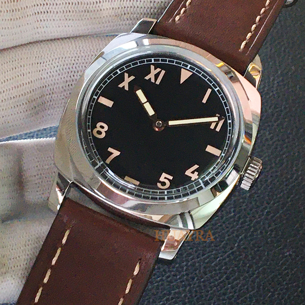 

47mm men's watch manual winding mechanical movement military luxury Silver Polished 316L case leather strap waterproof