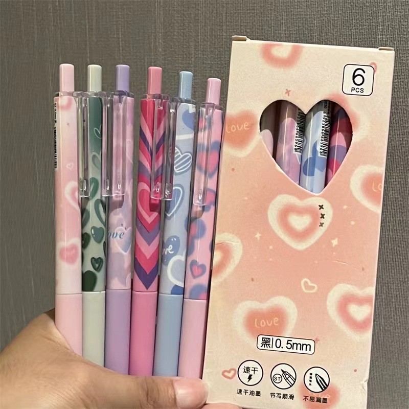 

6 Pcs/Set purple rose heart Gel Pens 0.5mm Press Ballpoint Pens Black Ink Writing Pens Office School Stationery Supplies