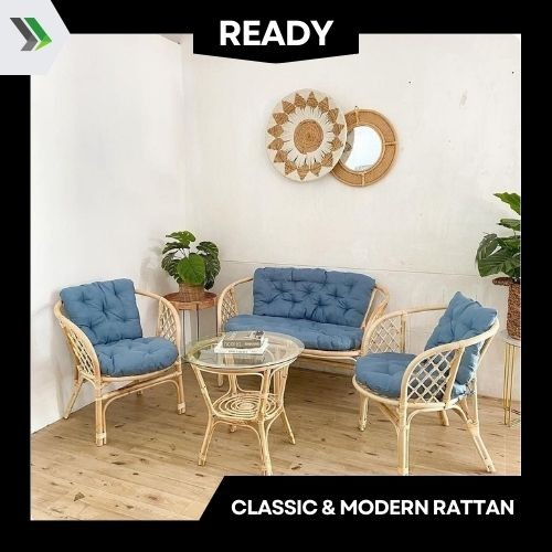 RB KURSI BAHAMA ROTAN ALAMI 1 SET + BANTAL MEJA PAKE ANYAM/ MEJA KACA / SOFA KURSI ROTAN ASLI