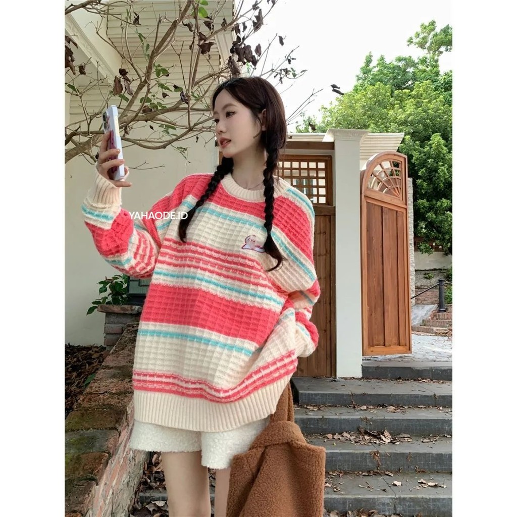 YAHAO- Sweater Lengan Panjang Bergaris, Atasan Rajut Luar Pullover Longgar Fashion Korea Untuk Wanit