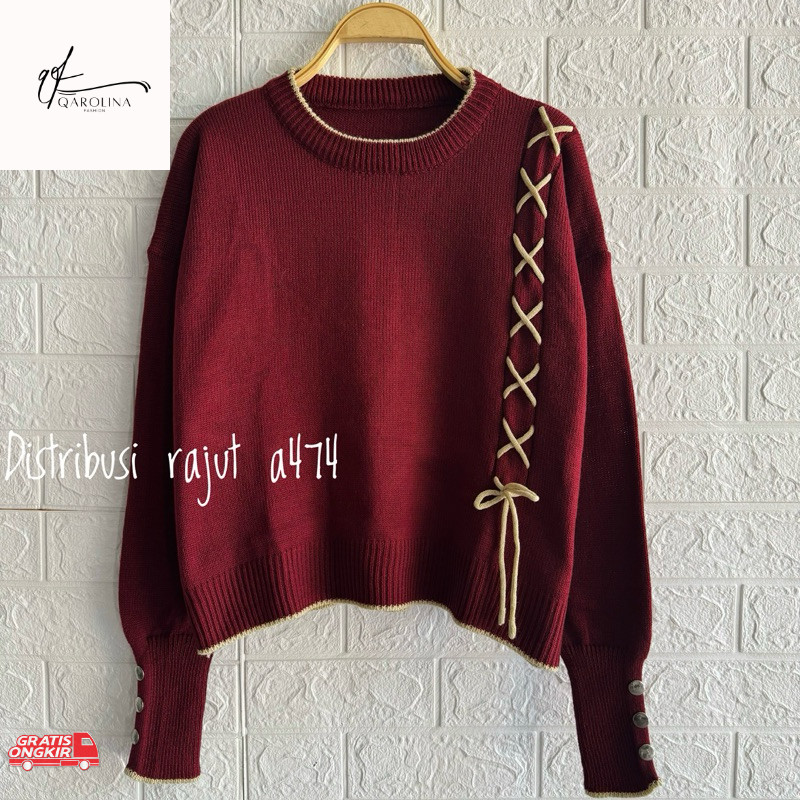 Baju Korea / LEVINA BAJU ATASAN SWEATER RAJUT MOTIF TALI DEPAN WANITA LENGAN KANCING WANITA KOREAN S