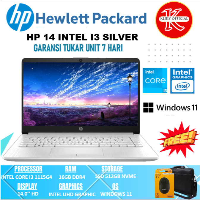 Laptop HP 14s Intel Core i3 Gen 11 Terbaru Ram 16 GB ssd 512 GB Silver