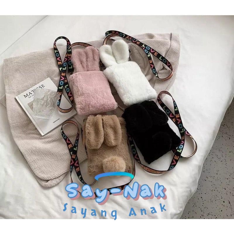 Tas Selempang Wanita Telinga Kelinci Sling Bag Bulu Korea Import Tali Love Pink