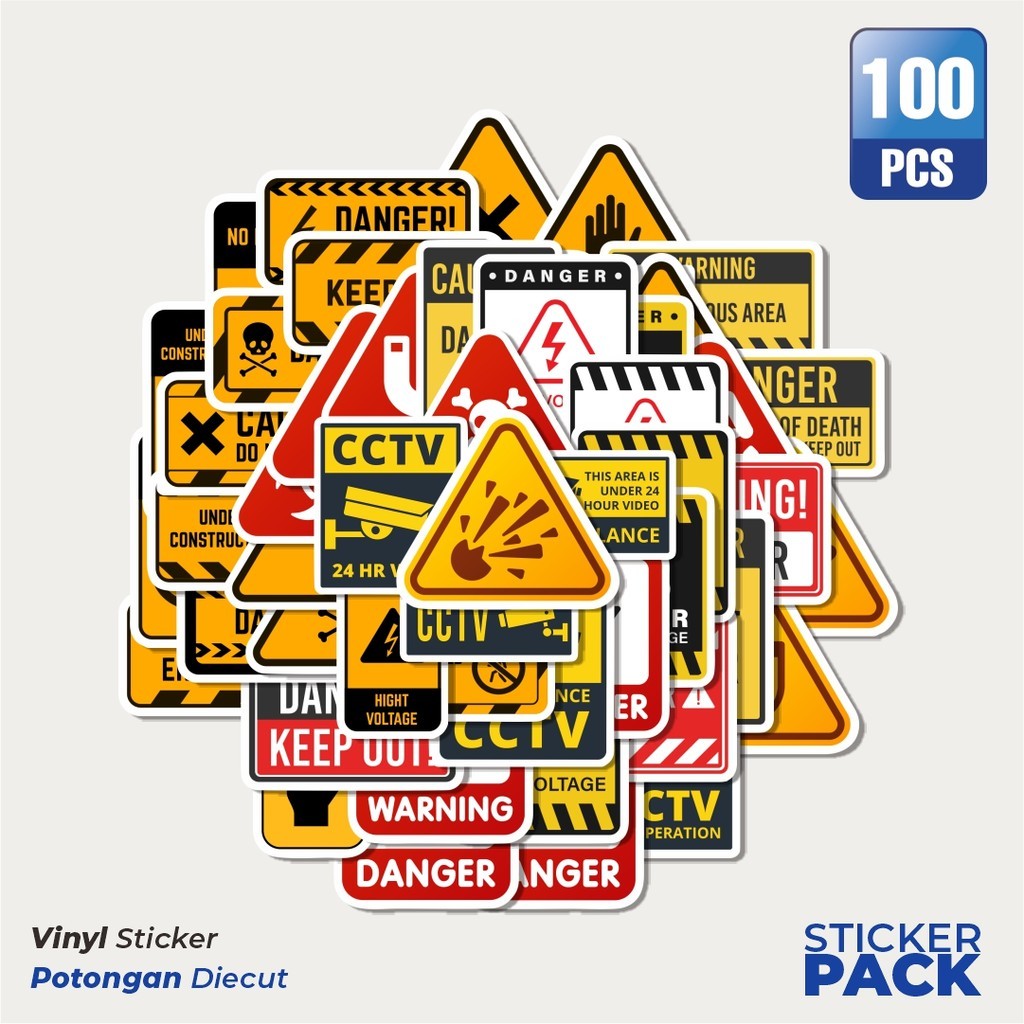 

100 PCS STIKER Warning Icons [Ikon Peringatan] Waterproof Aesthetic- Untuk Laptop, Motor, dan Helm - Paper Stationery Pack