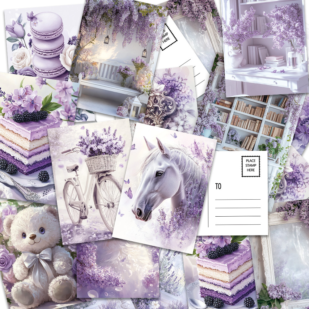 

32pcs, purple wisteria floral postcards, perfect for birthday/anniversary gifts, suitable for collection, gifting, and mailing.