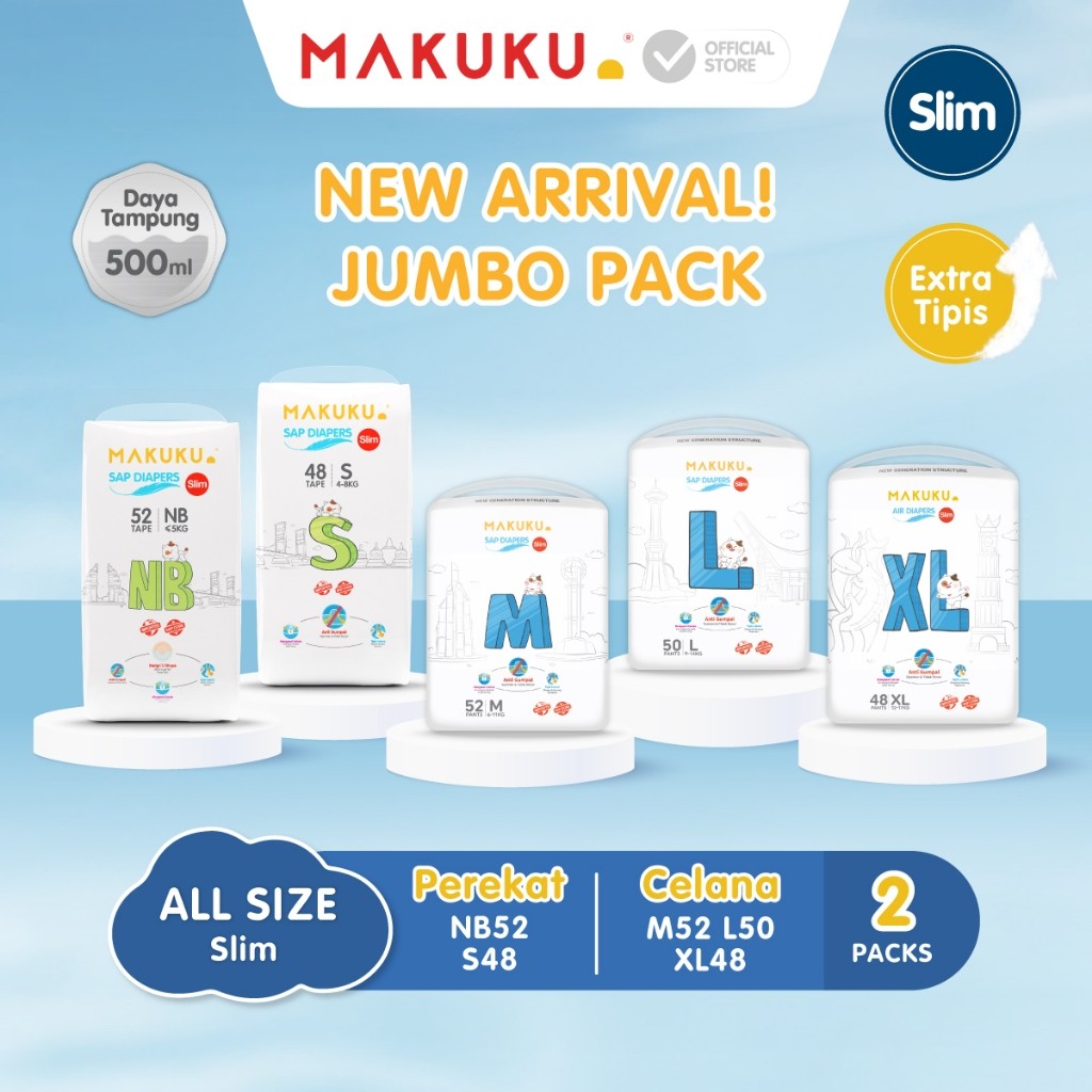 

[2 PACK] MAKUKU SAP Diapers Slim JUMBO / Popok bayi Tipis SAP anti gumpal cepat kering sekali pakai tipe / NB52/S48/M52/L50/XL48/ perlengkapan bayi baru lahir / Popok Newborn