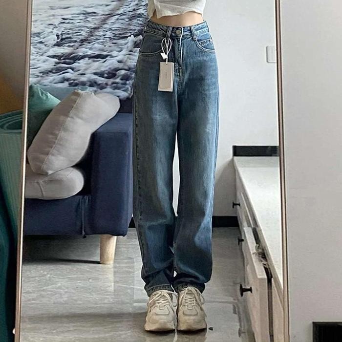 lulu-jeans New korean style high waist loose murah celana jeans panjang wanita - Premium Biru Retro 