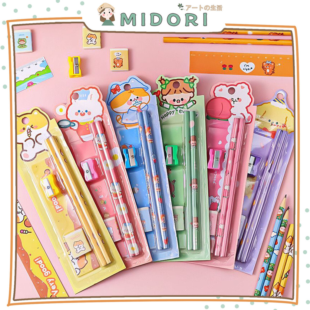

[MIDORI] 5Pcs/ Set SET CUTE CARTOON PENCIL ERASER RULER SHARPENER Children Student Stationary - F0343