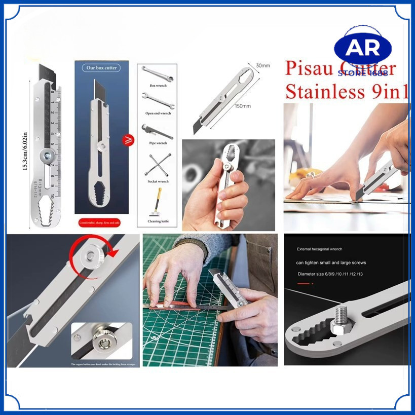 

AR PAKET 5PCS Pisau Cutter Stainless Besi 9in1 Cutter Stainless Pemotong Kertas Tajam Anti Karat