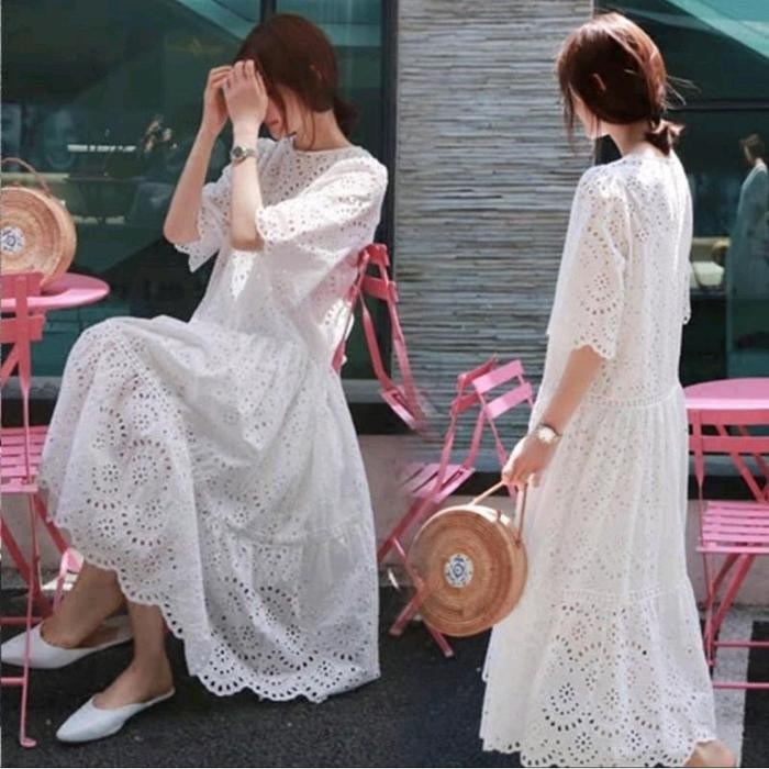 14017 ESTONIA LACE MAXI DRESS BROKAT KATUN BOLONG PUTIH RENDA OOTD KEKINIAN FASHION GAUN IMPORT Pant