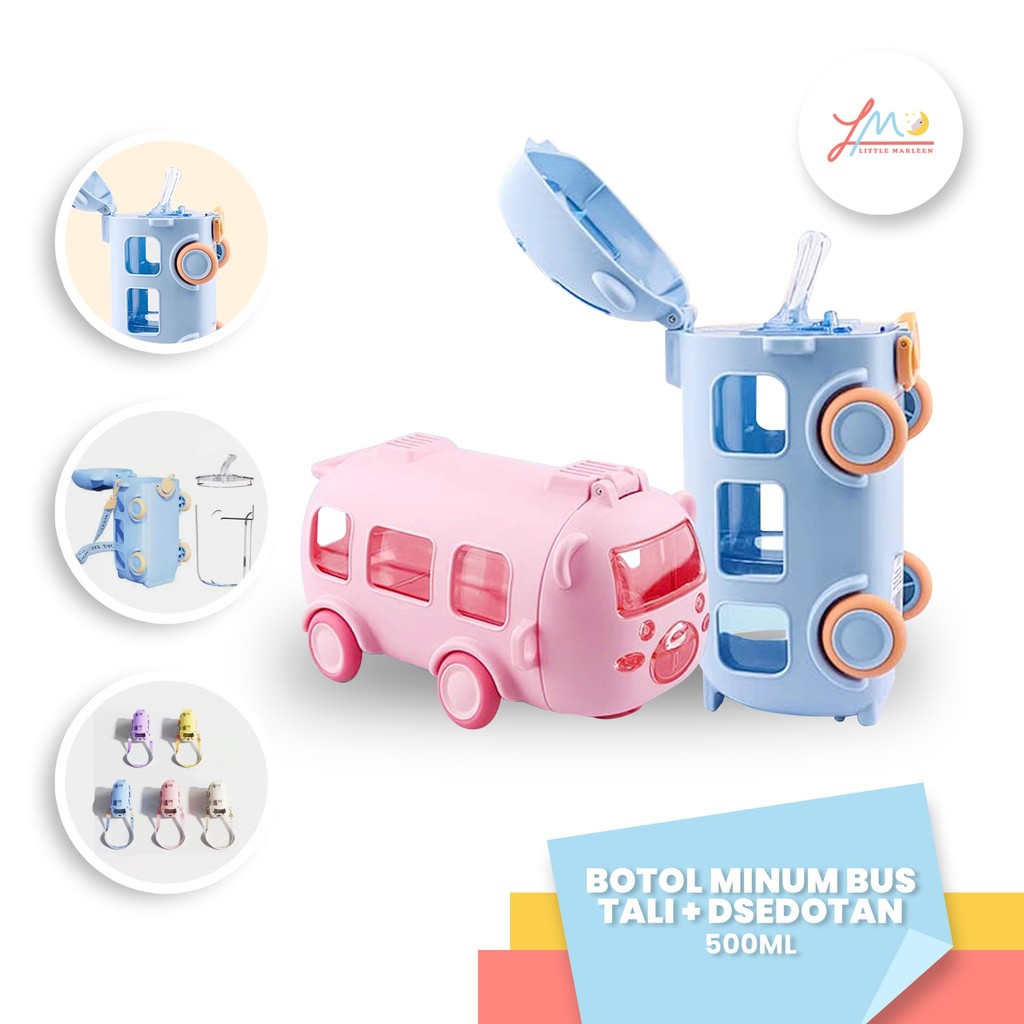 Botol Minum Anak + Tali Dan Sedotan 500ml Bus Botol Korea Bottle