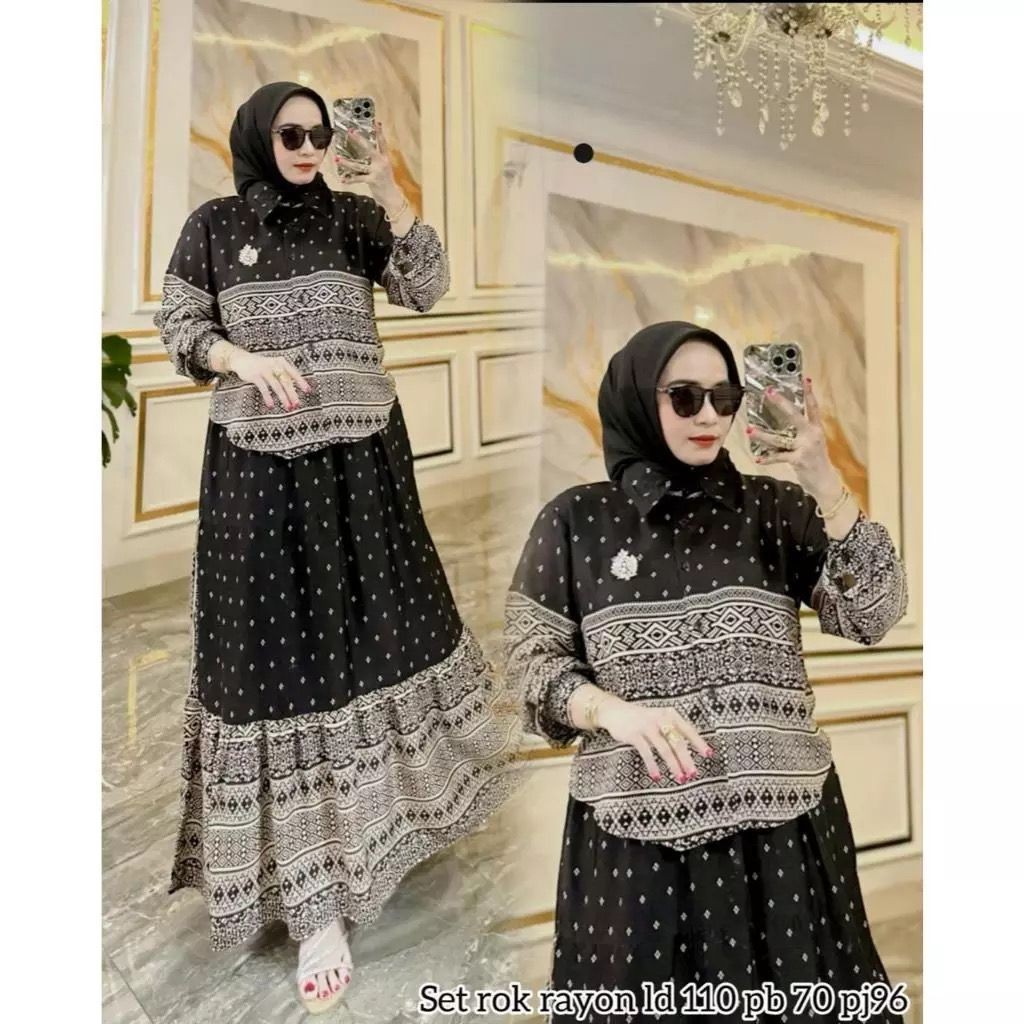AJISHOP Mamiya Set Rok Rayon LD 110 // One set rayon rok // setelan rok motif // setelan wanita keki