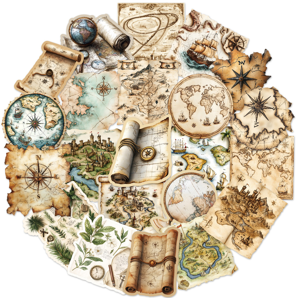 

50PCS Vintage World Map Travel Stickers Graffiti Decoration For Junk Journal Scrapbooking Water Bottle Phone Guitar Stickers