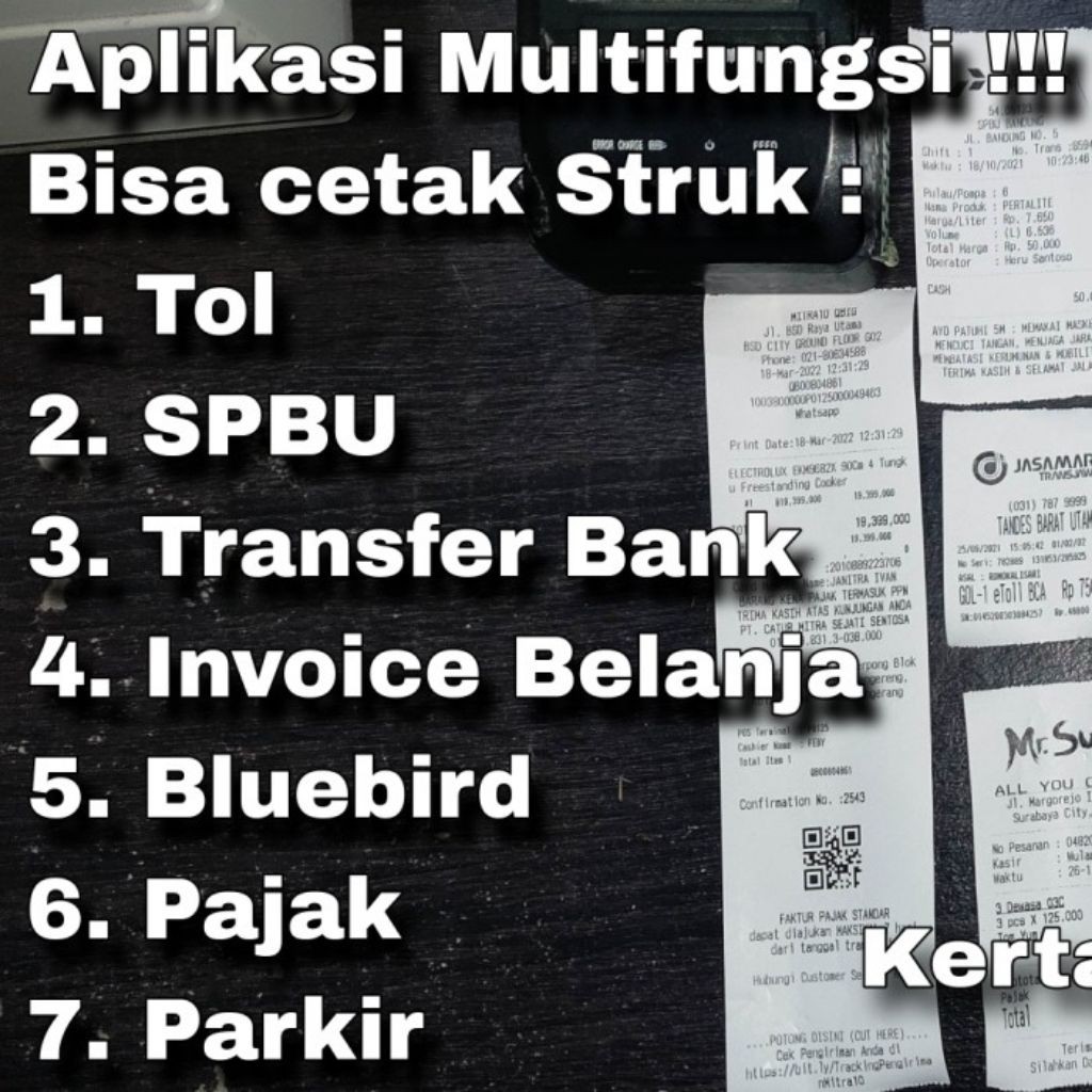 APK Aplikasi Android Cetak Struk Tol, SPBU Pertamina, Bluebird, Invoice, Transfer Bank,  Pajak, Park