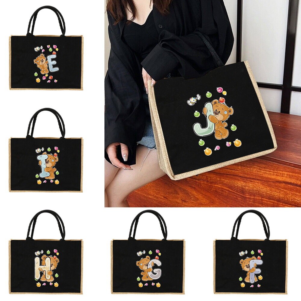 Tas Linen Jute Tote Bag Jute Handbag Shoulder Bag Sacks Jute Women Shopping Pouch Bag Bear Letter Pa