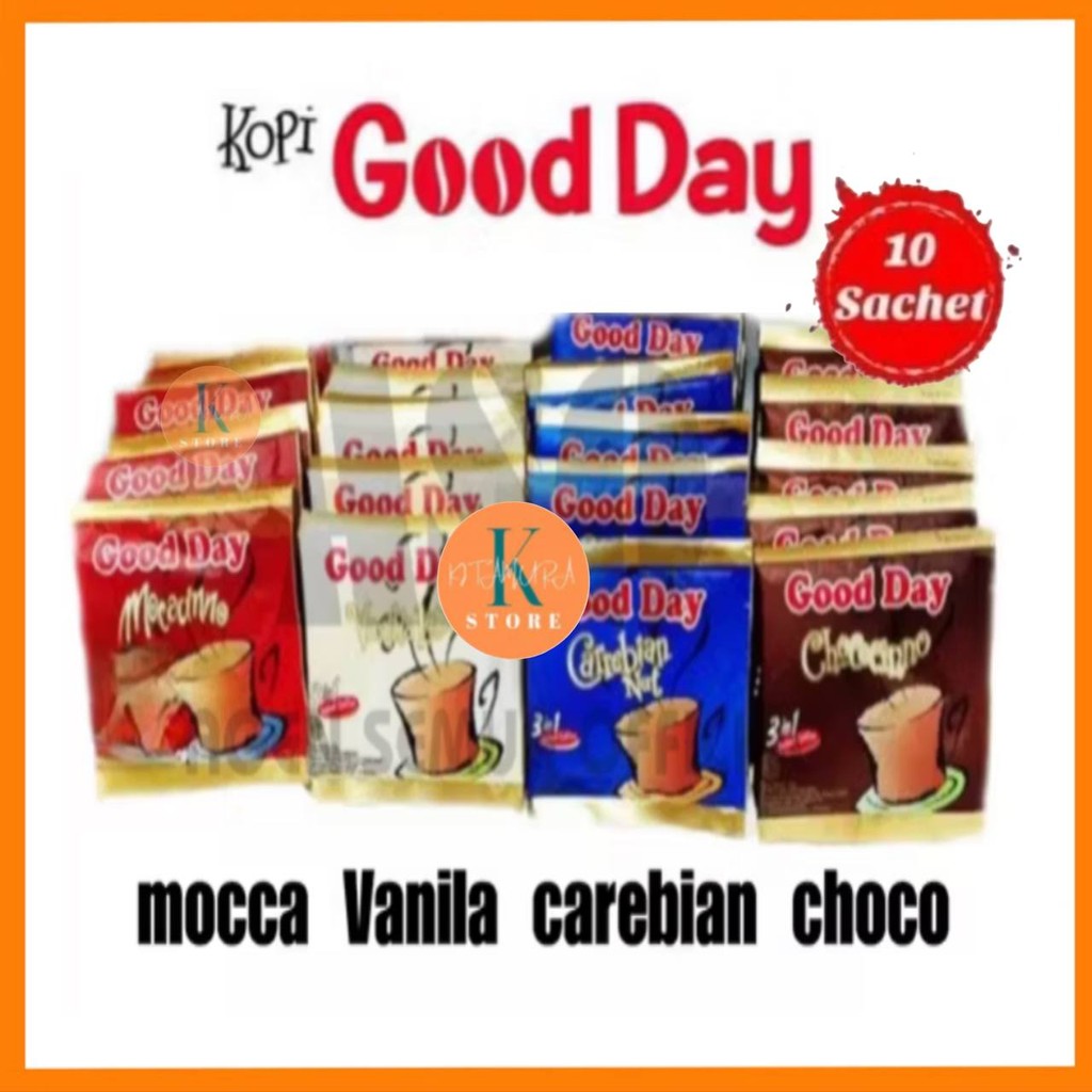 

Good Day Kopi Cappucino Chococino Mochacino Vanilla Latte Carebian Nut Renceng isi 10sachet Halal BPOM Original