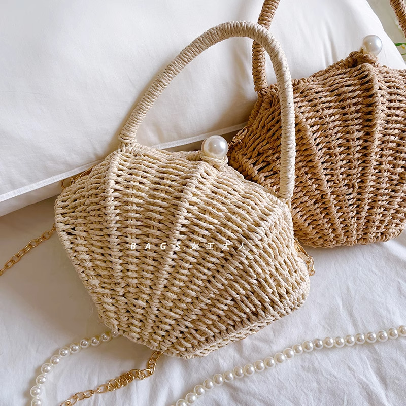 Shell rattan straw woven diagonal cross small bag, cute fairy change, mobile phone, fashionable wove
