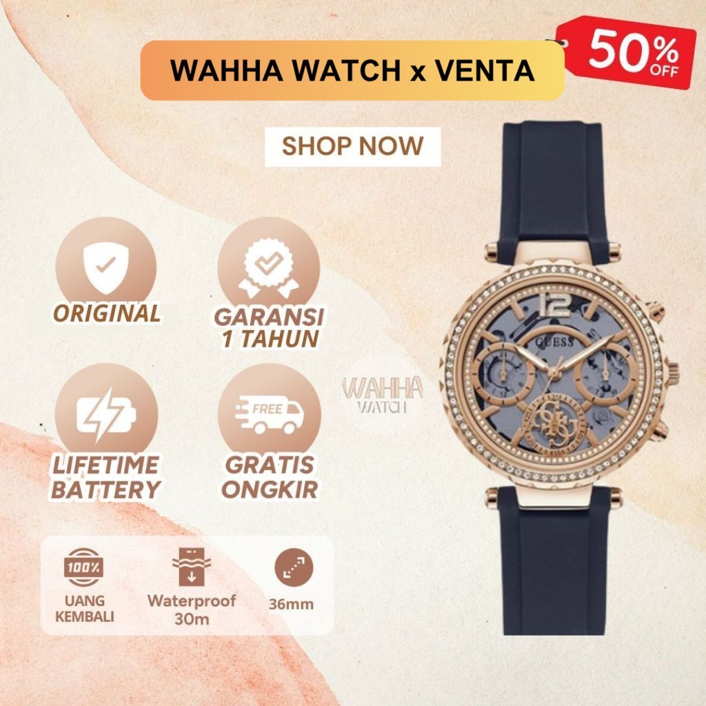 Jam Tangan Analog Guess Wanita Guess Solstice GW0484L2 Ladies Semi Skeleton Dial Blue Silicone Strap