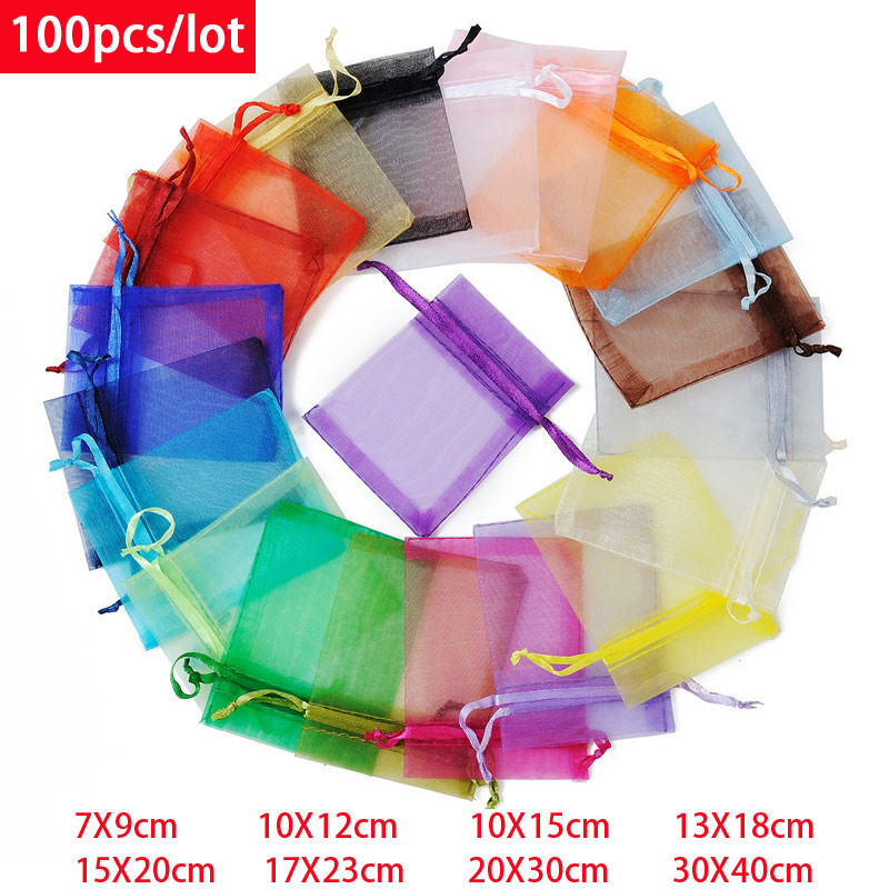 

100Pcs/lot 7x9 9x12 10x15 13x18CM Organza Bags Jewelry Bag Wedding Party Decoration Drawable Bags Gift Pouches Jewelry Packaging