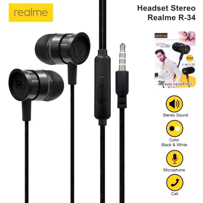 [ GROSIR ] HF HEADSET REALME R-34 EXTRA SUPER BASS ORI + MIC R34 HEADSET BERKUALITAS BAGUSS