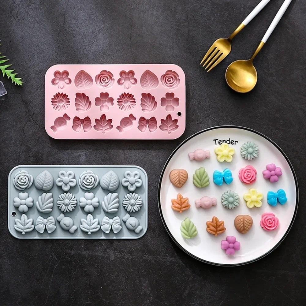 

18Holes 3D Daisy Tulip Flower Silicone Mold-Bow Leaf Jelly Ice Pudding Soap Mold Fondant Chocolate Cake Decorations Baking Tool