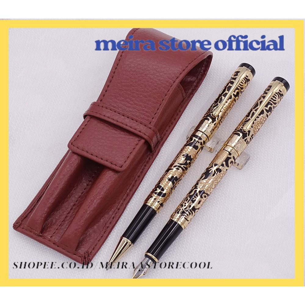 

Jinhao 5000 Black Golden Fountain Pen & Roller Pen with Real Leather Pencil Case Bag Washed Cowhide Pen Case Holder Writing Set