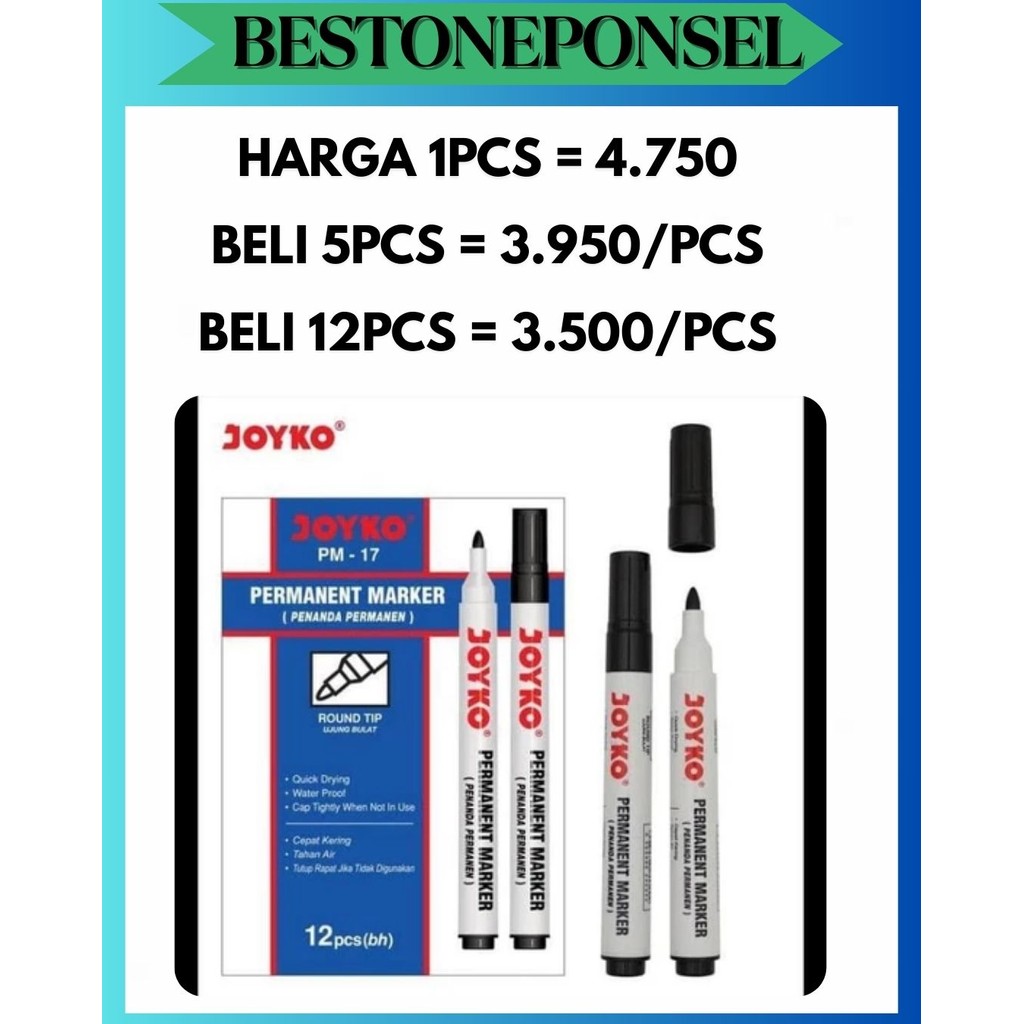 

BOP SPIDOL PERMANET JOYKO PM-17 PM17 HITAM PERMANENT MARKER ROUND TIP PATEN KALI