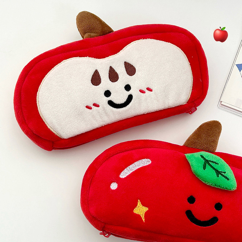 

1Pc Cartoon Double-sided Embroidered Pen Bag Cute Apple Plush Pencil Case Stationery Organizer Cosmetic Bag Kid Gift