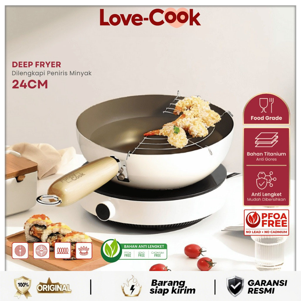 Love Cook  – Wajan Penggorengan 24CM Marble Coating Anti Lengket + Tutup Kaca & Peniris Minyak