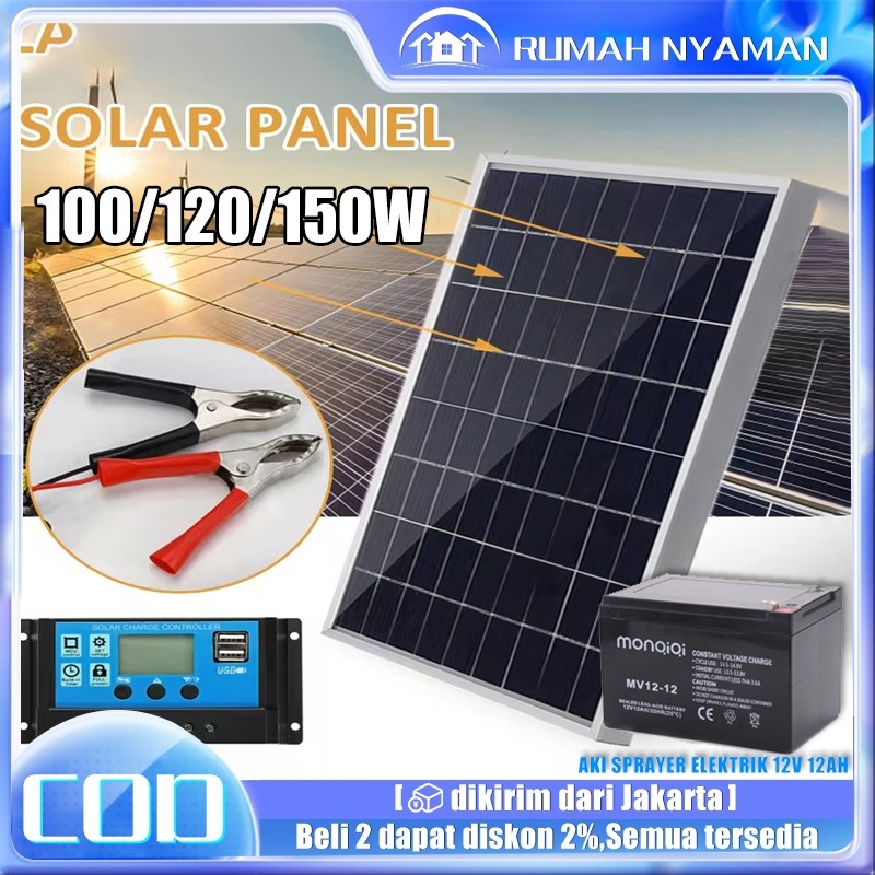 60W-150W Panel Surya Solar Panel + Aki sprayer elektrik 12V12Ah Mono Panel Kristal Mono Panel Surya 