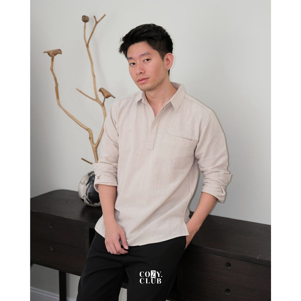 AXULE COZYCLUB Linen Longsleeve Polo | Kaos Kerah Pria Linen Lengan Panjang | 191