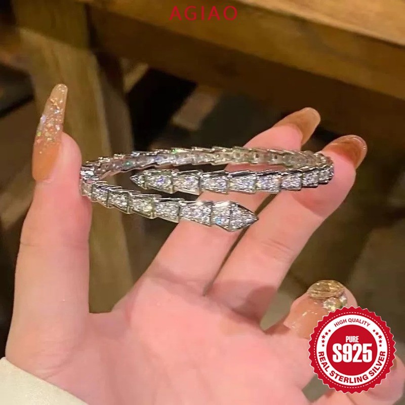 AGIAO Gelang Emas Platinum Wanita Berbentuk Ular Penuh Berlian Asli 5A Zircon