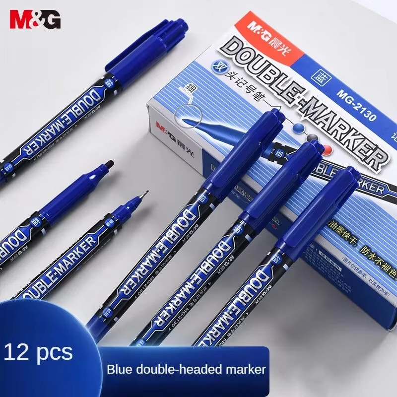 

M&G 12pcs Dual Tip Permanent Marker, Oil-based Blue Markers for Office, School Supplies, and Home Use