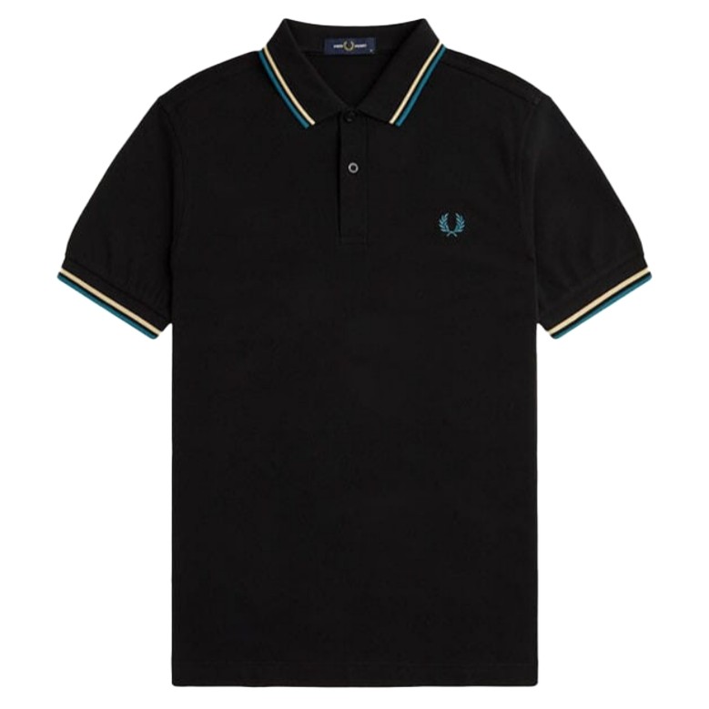 Fred Perry Ice Blue Gold Tipped Black Polo / Kaos Polo Branded Original